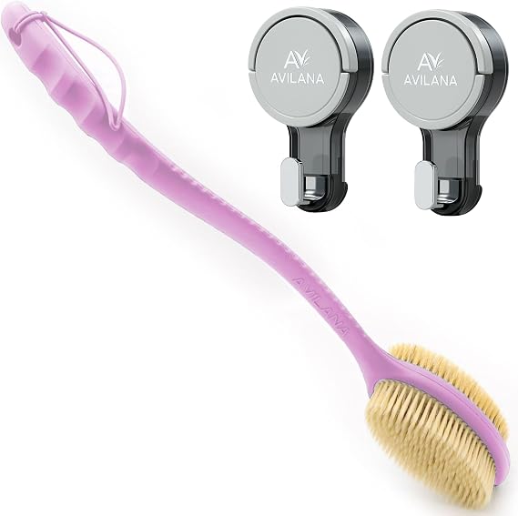 Avilana Long Handle Soft & Stiff Bristle Scrubber (Pink) + Suction Hook (2-Pack) Dual-Texture, Hygienic, Fast-Drying No-Drill Storage Solution