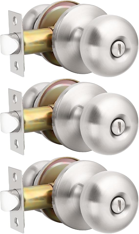 GOBEKOR 3 Pack Privacy Door Knobs Interior Satin Nickel Keyless Round Interior Door Knobs Stainless Steel for Bedroom Bathroom