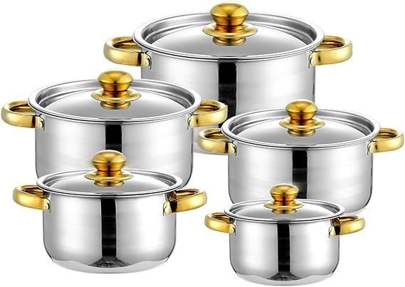 Cookware Set Stainless Steel Pot & Pan Sets 5 Pots with 5 Lids Double Handle Pot Cooking Pots Set Saucepan Gold-Plated Soup Tureen Sets 18/20/22/24/26cm Suitable for All Stovetops Induction