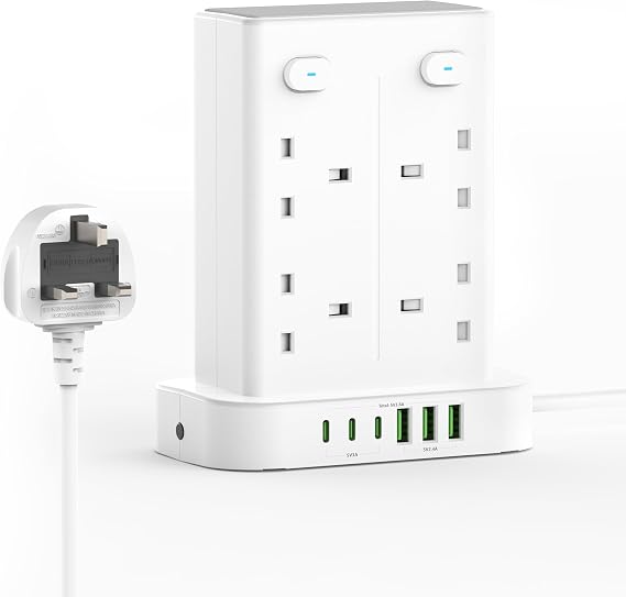 toomke Tower Extension Lead with USB C Slot, Multi Plug Extension Socket
