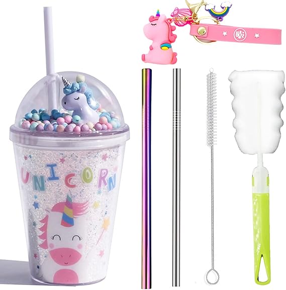 Blue Unicorn Tumbler with Straws Magic Drinking Cups Ice Coffee Tea Mugs Women Reusable Plastic Cup Water Bottle Birthday Gift