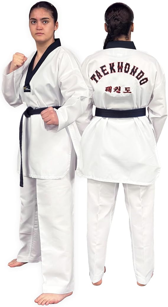 Taekwondo Uniform - Black Neck, WT Recognized, Ribbed Polyester, Includes Pants & Top with Embroidered Taekwondo