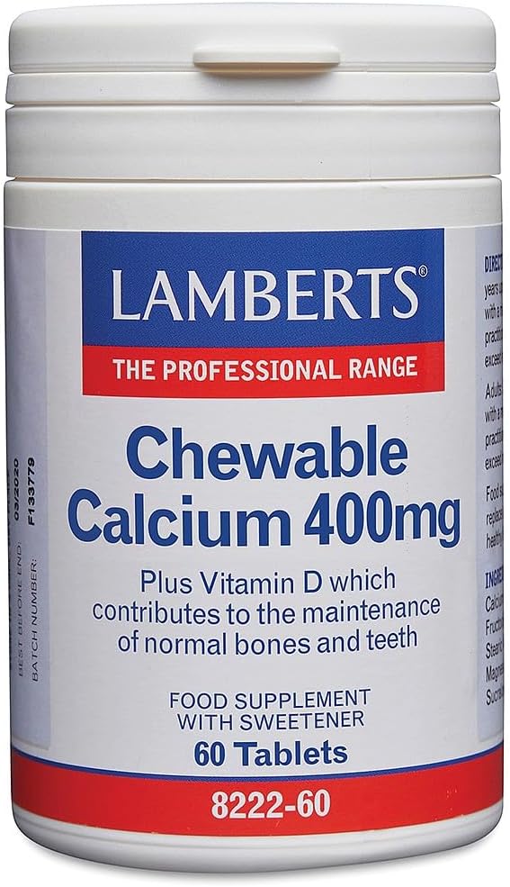 Lamberts Chewable Calcium with Vitamin D – 400mg Calcium, 1000mg FOS & Vitamin D – Lemon Flavour – 60 Tablets