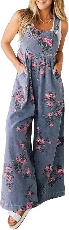 ebossy Women's Floral Denim Bib Overalls Adjustable Straps Sleeveless Wide Leg Long Jean Jumpsuit