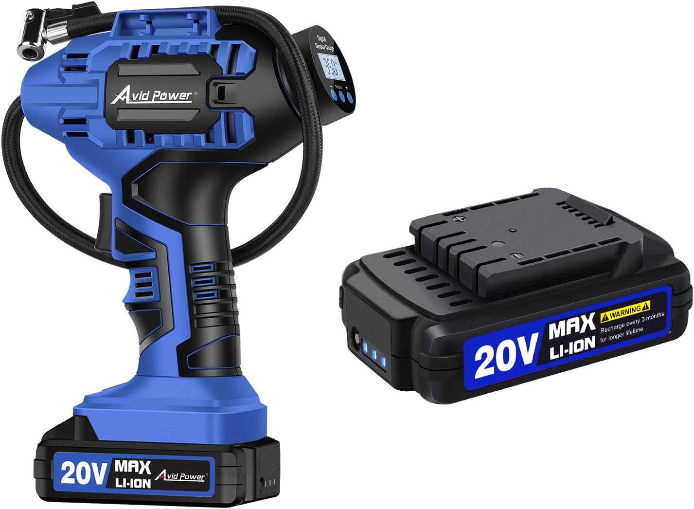 Avid Power Cordless Tire Inflator Portable Air Compressor,12V DC Power Adapter with 20V MAX 1.5 Ah Lithium Ion Rechargeable BatteryBlue
