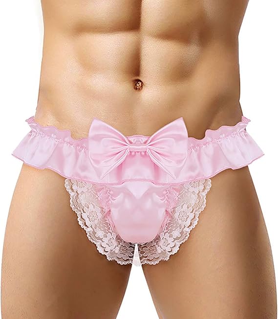 Men's Thong, Boyish Satin Underwear, Lace, Ruffle, Maid-style, Sexy Male Underwear, Erotic Thong Shorts, Low Waist, Cute, Underwear, Extreme Innerwear, Lingerie, Panties, See-Through