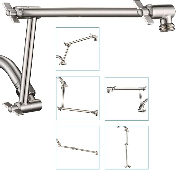 PDPBath Brass 16 Inch Shower Head Extension Arm, Upgrade Flexible Height & Angle Adjustable Shower Arm Extender with Lock Joints, for Fixed Shower Head & Handheld Shower Head, Brushed Nickel