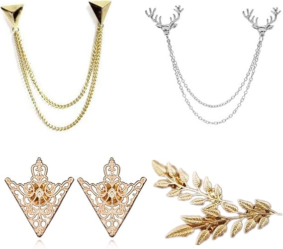 YouU TFYU 4 Pcs Deer Head Double Link Chains, Gold Stud, Retro Hollow Pattern and Angle Triangle Tassels Collar Pins Brooch Clip Pin Brooches Shirt Collar Decoration Parts with Free Box