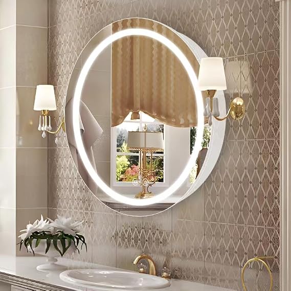 71cm Round Mirror Cabinet with Lights,with Defogger,Dimmable,Anti-Fog,3 Colors,White
