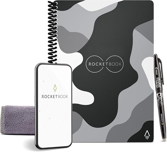 Rocketbook Core Reusable Spiral Notebook, Executive Size 6x8.8, Camo - Dotted Pages, App-Connected, Erasable, Durable Cover, Ideal for School, Work, and Creative Projects