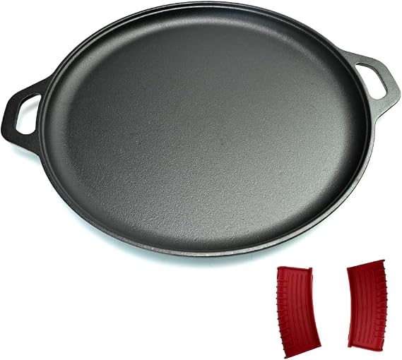 16 Inch Cast Iron Pizza Pan Round Griddle Pre-Seasoned Comal with Free Silicone Handles, Kitchen Essentials for Pizza Lovers, Baking, Grill, BBQ