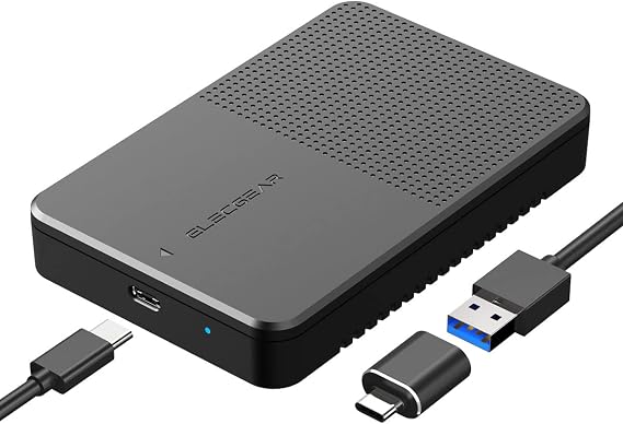 ElecGear Hard Drive Enclosure for 7mm to 15mm 2.5'' SATA, USB Type-C 3.1 Gen2 Tool-Free External Case for Thick and Standard 2.5-inch SATA HDD / SSD, Type A Cable with A2C Adapter