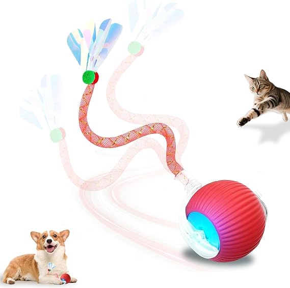 Interactive Cat Toys Ball for Indoor Cats&Dogs,Automatic Cat Toy 360 Auto-Rotation Smart Obstacle Avoidance,Includes 4 Cat Spiral Spring,Cat Enrichment Toys for Indoor Cats (Red-1)