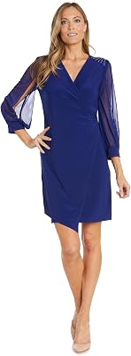 R&M Richards Womens Knee Length Surplice Dress WSheer Balloon Sleeves & Heat-Set Stone Accents - Cocktail Party Style