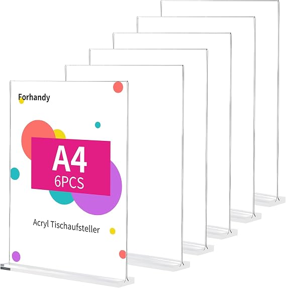 Pack of 6 A4 Table Stands, Acrylic Advertising Stands, Transparent T-Stand with Holder, Double-Sided DIN A4 Stand, Price Tags, Display Stand, Postcard Stand, Menu Card Holder