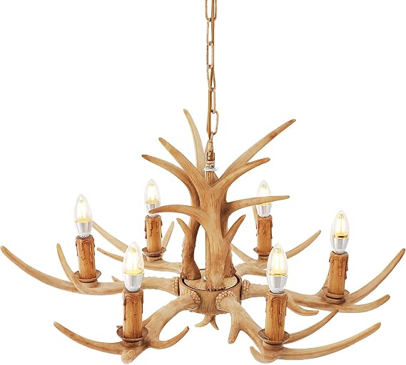 Antler Chandelier 6 Lights, Lagre Rustic Antler Light Fixtures Farmhouse Deer Chandelier Deer Horn Ceiling Pendant Light Vintage Rustic Antlers Lamps with E12 Base, Resin Antlers for Cafe Bar Kitchen