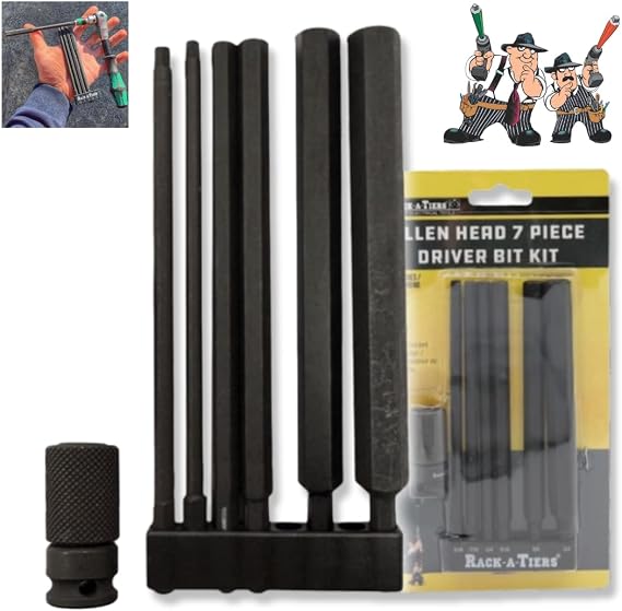 Rack-A-Tiers Allen Head Driver Bit Kit - Impact Driver Rated, Allen Bits for Lug Termination, Electrical Drill Bits, Quick-Change Allen Bits, 6" Length, 1/4 Hex Shank (72607)