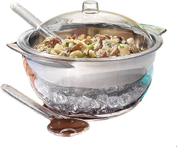 Home Essentials 5 PC Jumbo Stainless Steel Salad Bowl Set with Ice Chiller Base and Acrylic Dome Lid.