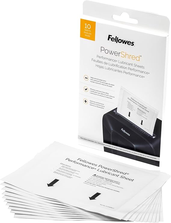 Fellowes Powershred Performance Paper Shredder Lubricant Sheets with Paper Shredder Oil Lubricant for Cross-Cut and Micro-Cut Paper Shredders, 6 x 8.50 x 0.031 Inch, 10-Pack