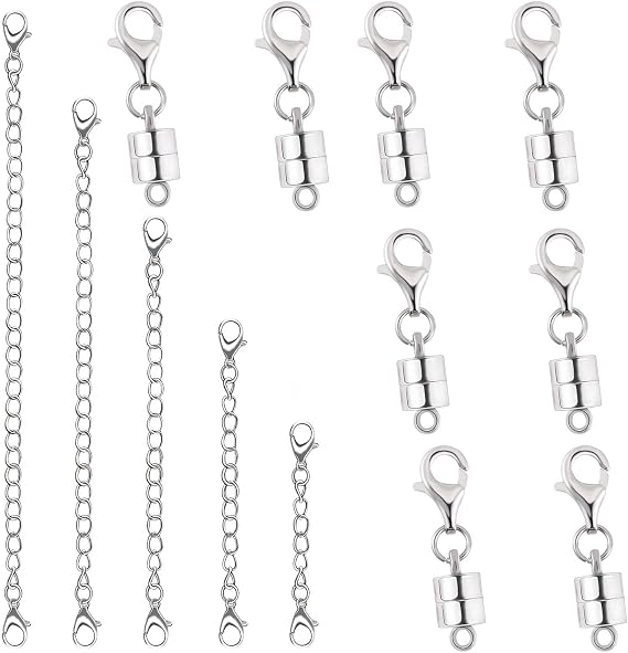 Magnetic Necklace Clasp Set with Chain Extenders, Necklace Extender and Magnetic Necklace Clasps and Closures (B Silver)