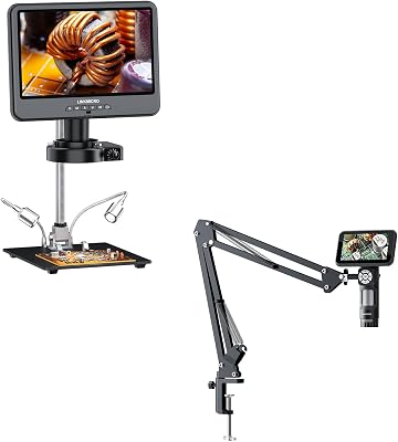 Digital Microscope 4K 30FPS HDMI 1500X with Ring Light LM208S  LM115A LCD Digital Microscope with Flex Boom Arm Stand, 5 inch Portable Soldering Microscope Camera for Adults,