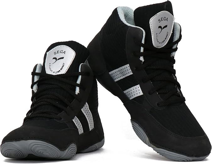 QUIVE Ring Wrestling Shoes, High Top Pro Wrestling & Boxing Shoes, Light Blue & Black, Boxing Boots for Men, Women & Children Unisex Combat Training Boots