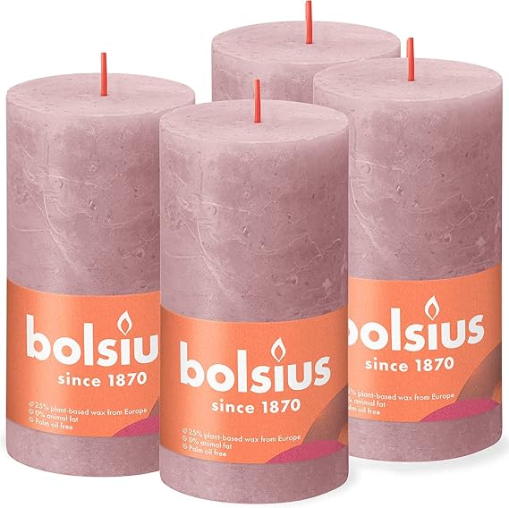 BOLSIUS - Rustic Pillar Candle - Old Pink - 13cm - Pack 4 - Non Drip - Non Scented Candles