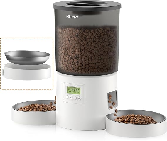 Dual Automatic Cat Feeder 2 Cats, 4.2L Dry Food Auto Dispenser with Double Stainless Steel Bowls,Dual Power Supply,Programmable Portion Control,10s Voice Recorder (Transparent White)