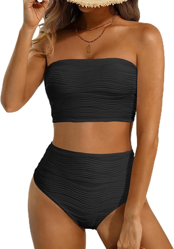 High Waisted Bandeau Bikini Set - Ribbed Strapless Two Piece Swimsuit