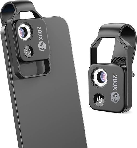 Pocketphone Microscope, 200x Zoom Clip-on Microscope Magnifier CPL Lens with LED Light, Portable Microscope Lens for iPhone, Samsung, Huawei, Google Black