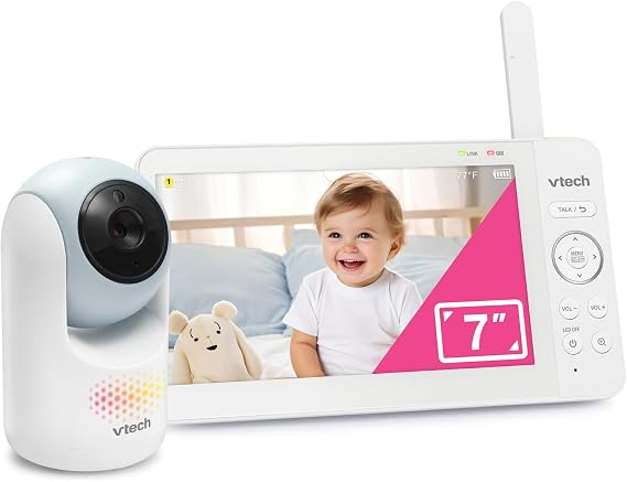 VTech Baby Monitor No WiFi, 7" IPS Screen, 5000mAh 12Hr Battery, 360 Pan Tilt Zoom, Night Vision, Multi-Color Night Light, 2-Way Talk | Advanced Max Blue