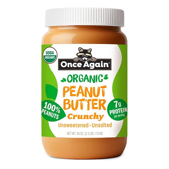 Once Again Organic Crunchy Peanut Butter No Sugar Added - Large 2.5 Pound Jar - Single Ingredient, Unsalted, Natural Peanut Butter No Palm Oil - Chunky, Unsweetened - 1 Jar (40 oz)