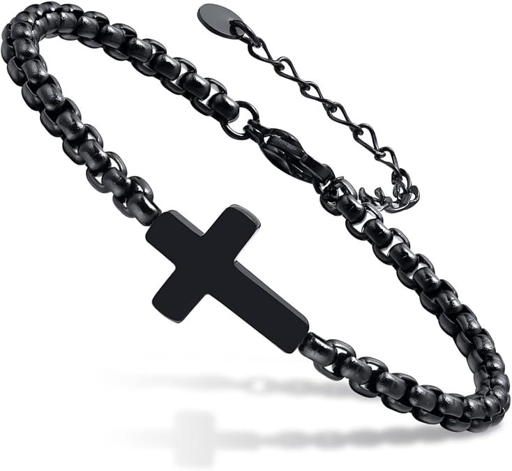 Cross Chain Bracelets for Men Women, Silver/Black Stainless Steel Cross Charms Men's Bracelet, Faith Religious Easter Catholic Christian God Jesus Communion Baptism Jewelry Gift Mens Link Bracelet