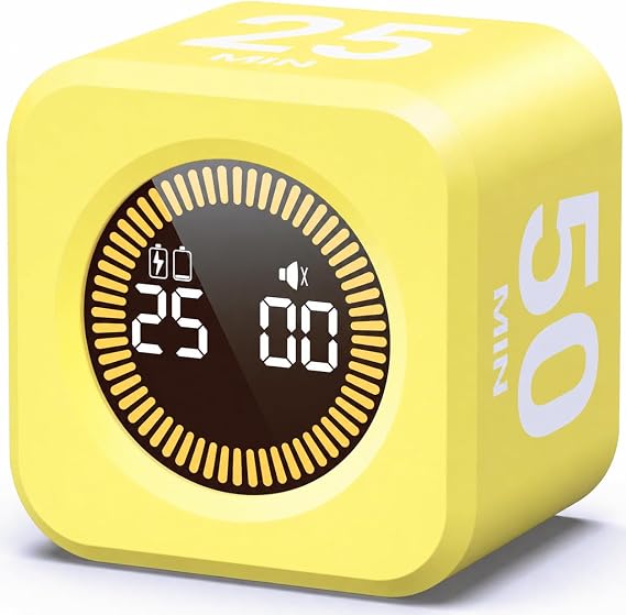KADAMS Timer Pomodoro - Productivity Pomodoro Cube, 5/10/25/50 Min Countdown & Countup, Silent for Work Study Workout Kitchen School Classroom Office ADHD Gift Kids (1, Yellow)