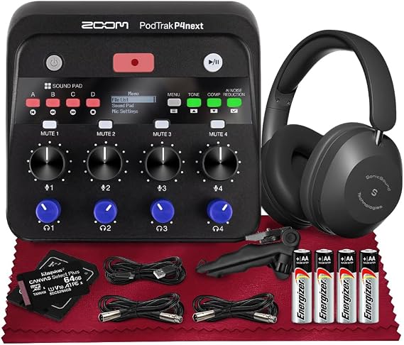 Zoom PodTrak P4next Podcast Recorder, Portable Multitrack Audio Recording w/ 4 Mic Inputs Includes 64GB MicroSD, XLR Cable, Headphone, Tabletop Tripod for Interviews & Remote Guesting Recording