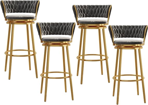 360° Swivel Bar Stools Set of 4, Velvet Gold Breakfast Dining Chair Height Bar Chairs with Metal Frame and Footrest for Breakfast Bar, Counter, Kitchen and Home, 25.6'',Grey