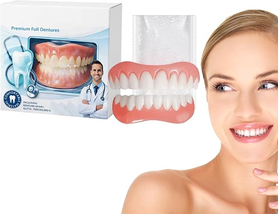 False Teeth Set Full Dentures, Silicone Dentures to Fit Over Existing Teeth Comfortable and Adjustable Waterproof & Lightweight