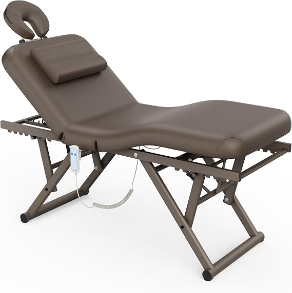 Electric Stationary Massage Table - Adjustable Massage Table with Manual Adjustable Backrest & Height, Treatment Tables with Electric Foot Lift, C-Shaped Pillow, Metal X-Frame, PU Leather for Beauty