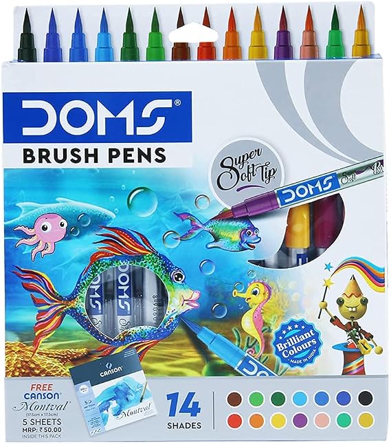DOMS Non-Toxic Brush Pen in Cardboard Box (14 Assorted Shades x 1 Set)