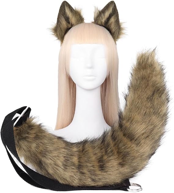 Faux Fur Fox Ears and Tail Set Furry Ears Headband with Tail Halloween Cosplay Party Fox Wolf Cat Costumes