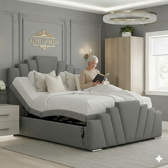 Arte Deco Adjustable Electric Mobility Bed With Mattress (Grey Plush, 5ft king size)
