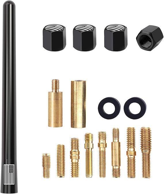 American Flag Car Truck Short Antenna 7 with Tire Valve Caps for GMC Sierra Dodge Ram Chevy Silverado 1500 2500 3500 Avalanche Ford F150 F250 F350 Super Duty Raptor Bronco, Car Accessories (Black)