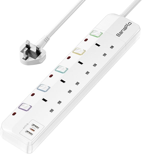 Extension Lead with USB Slots, Plug Extension Socket with Individual Switches, 4 Way Extension Lead with with 1 PD20W USB C and 2 USB A, 1.5M Power Cord with 13A Fused Protection for Home