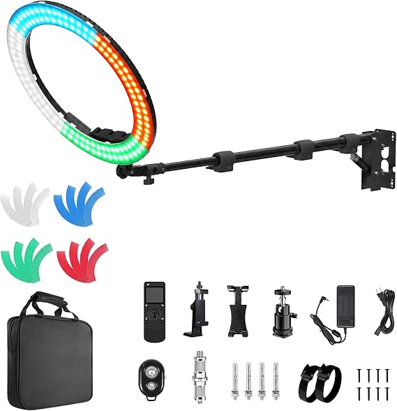 18 Ring Light with Wall Mount Stand and Wireless Remote, 4 Color Filters Bi-Color LCD Display 60W 3000-5800K CRI97 Light Ring for Video Recording/Photography/Beauty Shop/Tattoo/Barber