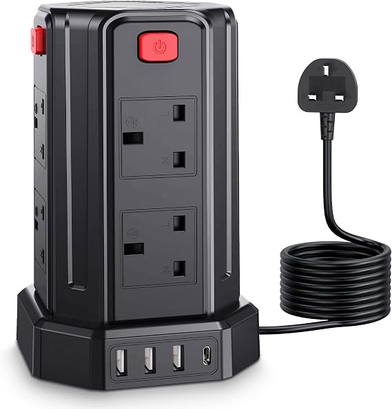 Tower Extension Lead 5M, [13A 3250W] Multi Plug Extension,8 AC Outlets & 4 USB (1 Type C and 3 USB Ports) Extension Cable Surge Protector Extension Lead with USB Solts for Home, Office