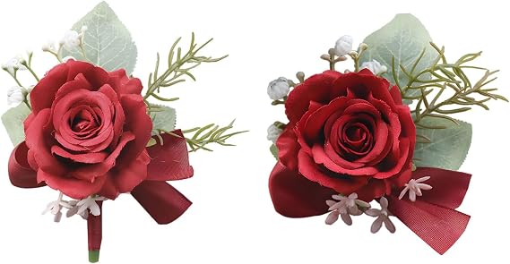 Burgundy Rose Corsage Set: Groom Boutonniere, Bridal Wrist Corsage for Bridesmaids, Groomsmen, Best Man, Parents - Lapel and Hand Fake Flowers for Prom, Quinceanera