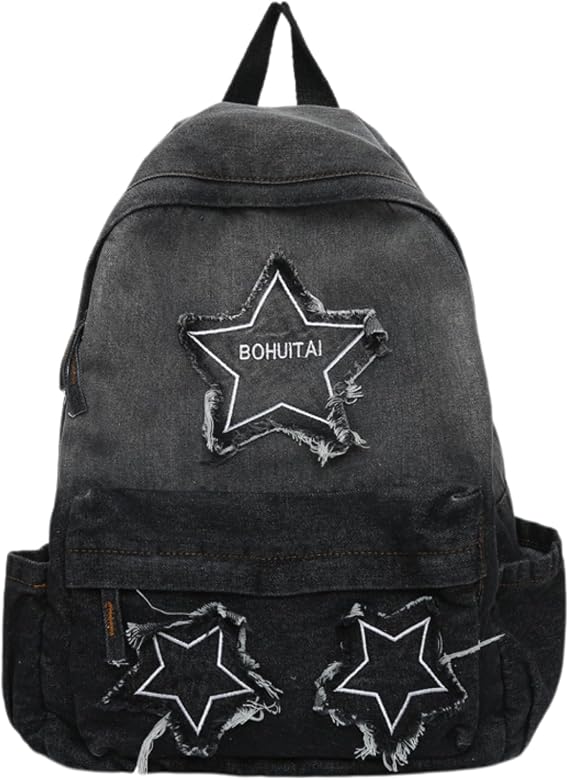Y2K Star Backpack, Grunge Goth Denim Bookbag, Punk Emo Aesthetic Daypack, Gothic Vintage Rucksack for Women & Men (Black- B)