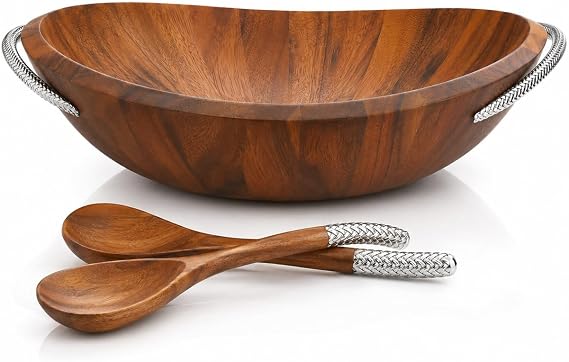 nambe Braid Salad Bowl with Servers | 3-Piece Set | Large Wooden Serving Bowl for Caesar Salad, Large Salads | Big Salad Bowl with Serving Utensils | Made of Chrome & Acacia Wood (20 L x 16 W)