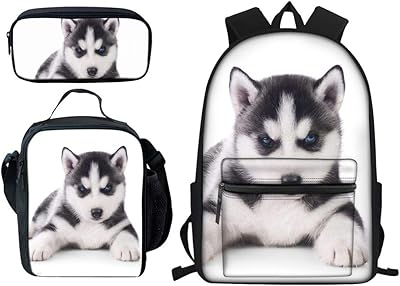 Beauty Collector Designer Husky Backpack Bookbags Set for School Cute Lunch Bag, Pencil Case and Big Backpacks