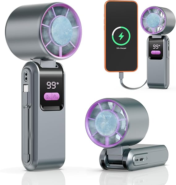 Hantan Ice Cooling Handheld Portable Turbo Fan with Built-in Charging Cable, Speed (1-199), 5500mAh Battery, Rechargeable Personal Fan for Travel, Outdoor, Camping, Hiking, Office (Grey)